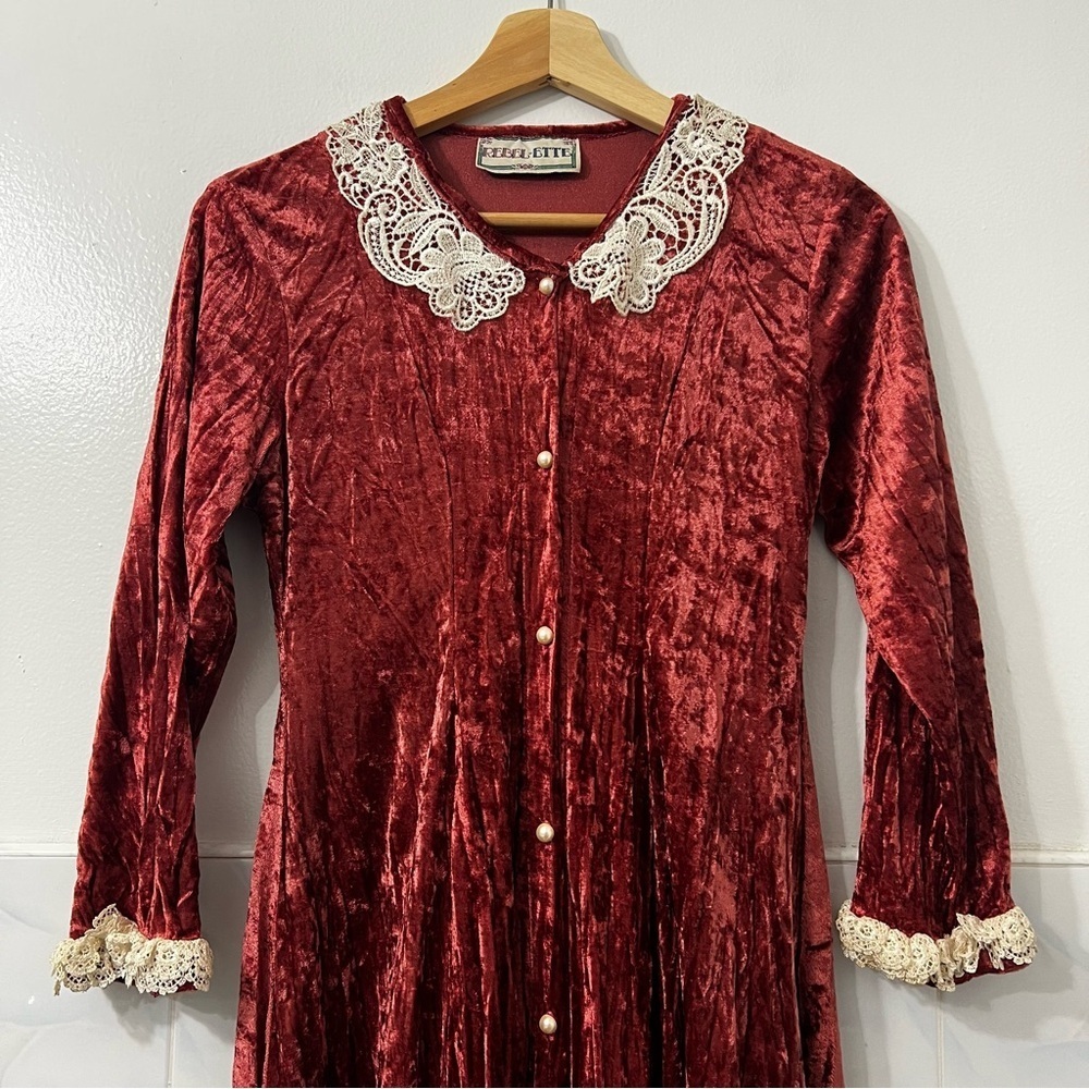 Vintage XS Red Crushed Velvet Midi Dress Victorian Whimsigoth Fairy Grunge 70s - Picture 2 of 11